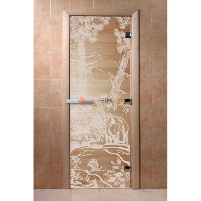 Дверь для бани DoorWood с рисунком Мишки Прозрачная, 1800x600 мм