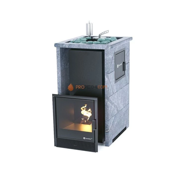 Дровяная печь для бани ИзиСтим Сочи М2 в трехстороннем кожухе с открытым верхом из талькохлорита