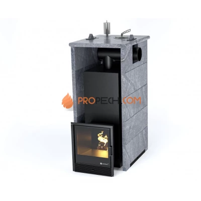 Дровяная печь для бани ИзиСтим Геленджик в трехстороннем кожухе с боковым подключением из талькохлорита