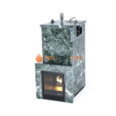 Дровяная печь для бани ИзиСтим Геленджик в полноценном кожухе с боковым подключением из змеевика