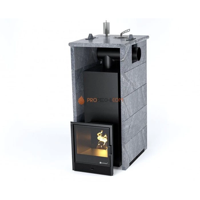 Дровяная печь для бани ИзиСтим Геленджик в трехстороннем кожухе с боковым подключением из талькохлорита