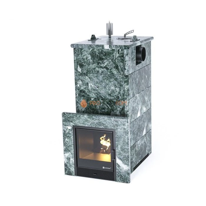 Дровяная печь для бани ИзиСтим Геленджик в полноценном кожухе с боковым подключением из змеевика