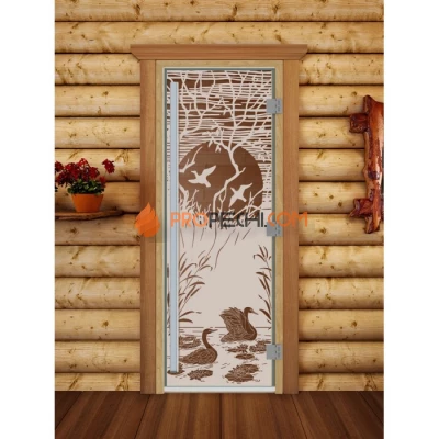 Дверь для бани DoorWood Престиж с рисунком Лебединое озеро Бронза матовая, 1900x700 мм