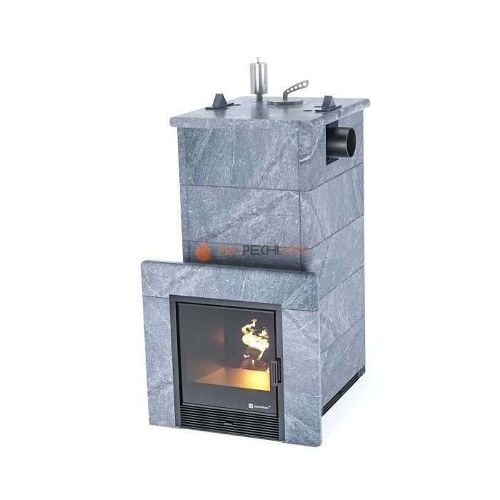 Дровяная печь для бани ИзиСтим Сочи в полноценном кожухе с боковым подключением из талькохлорита