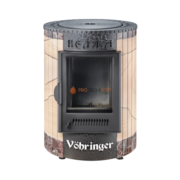 Отопительно-варочная печь Ферингер Нелжа - Окаменевшее дерево перенесённый рисунок + Россо Леванте