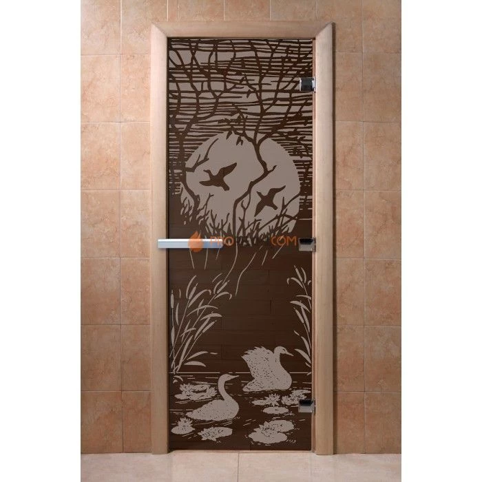 Дверь для бани DoorWood с рисунком Лебединое озеро Черный жемчуг, 1900x700 мм