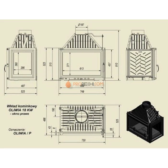Каминная топка Kratki Oliwia/P (стекло справа)