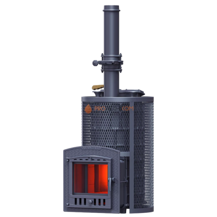 Чугунная печь для бани Гефест Авангард ЗК 40П2 Ураган в круглой сетке