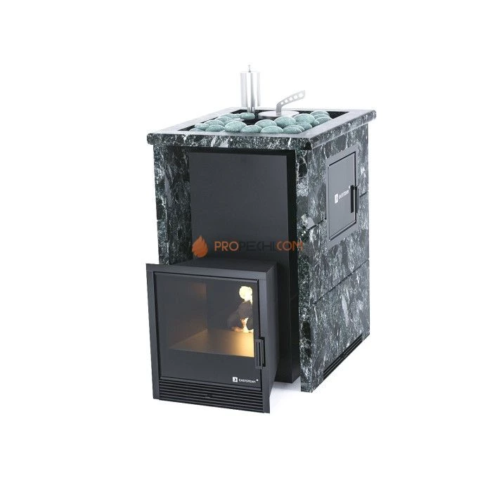 Дровяная печь для бани ИзиСтим Анапа М2 в трехстороннем кожухе с открытым верхом из пироксенита