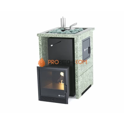 Дровяная печь для бани ИзиСтим Анапа М2 в трехстороннем кожухе с открытым верхом из жадеита