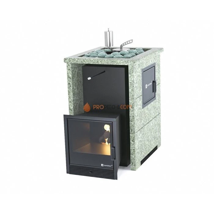 Дровяная печь для бани ИзиСтим Анапа М2 в трехстороннем кожухе с открытым верхом из жадеита