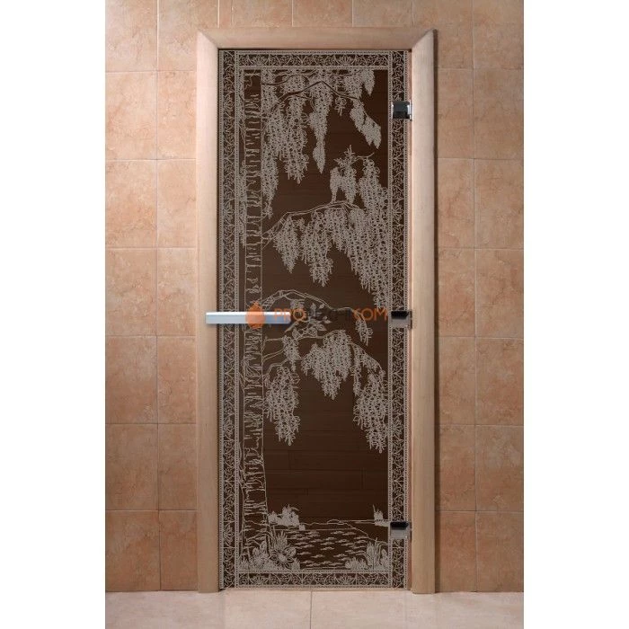 Дверь для бани DoorWood с рисунком Березка Черный жемчуг, 1900x700 мм