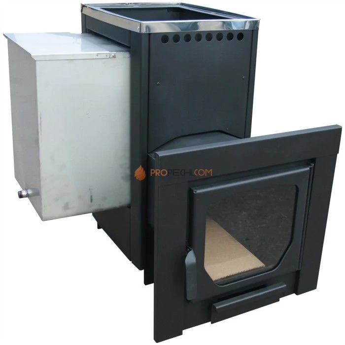 Дровяная печь для бани Варвара Паленица Навесная удлиненная топка Панорамная дверь