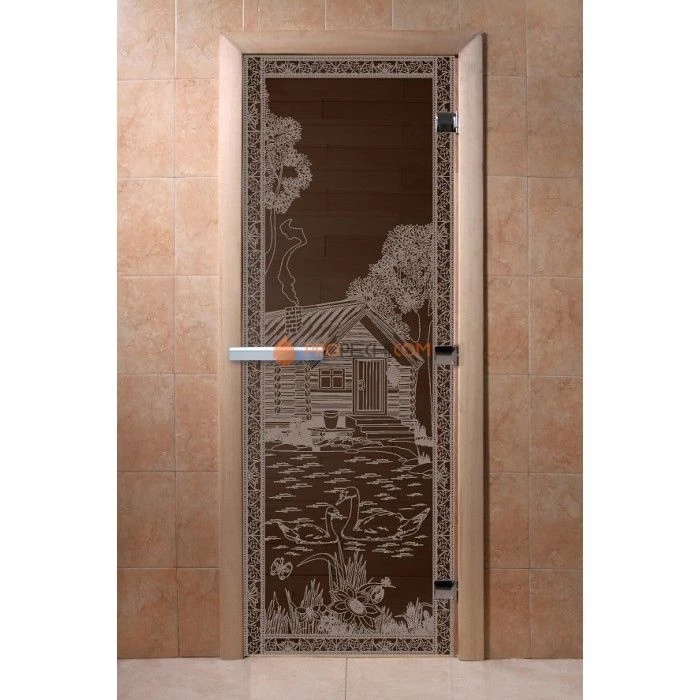 Дверь для бани DoorWood с рисунком Банька в лесу Черный жемчуг, 2000x800 мм