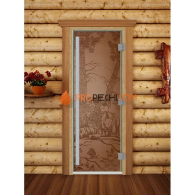 Дверь для бани DoorWood Престиж с рисунком Мишки в лесу Бронза матовая, 1900x700 мм