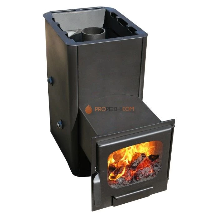 Дровяная печь для бани Варвара Мини с контуром удлиненная топка Панорамная дверь