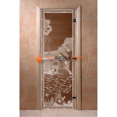 Дверь для бани DoorWood с рисунком Банька в лесу Бронза, 1900x700 мм