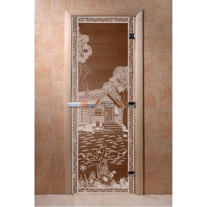Дверь для бани DoorWood с рисунком Банька в лесу Бронза, 1900x700 мм