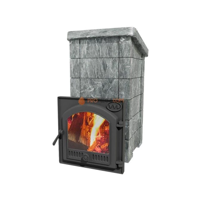 Чугунная печь для бани Инжкомцентр ВВД Сударушка Семейная РК (талькохлорит) с чугунной дверцей, без фасок, дымоход сверху