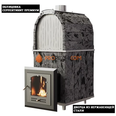 Чугунная печь для бани Инжкомцентр ВВД Калита Арочная PRO (серпентинит Премиум) c дверцей из нержавеющей стали