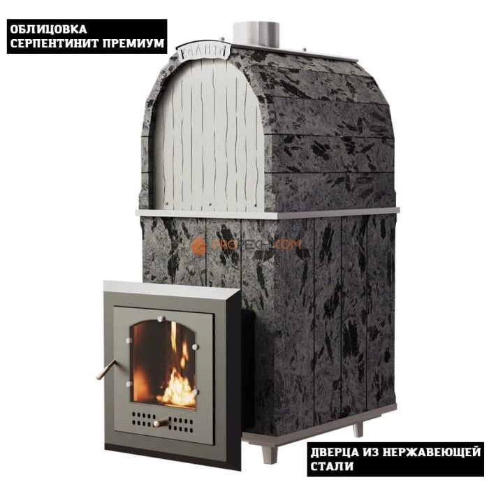 Чугунная печь для бани Инжкомцентр ВВД Калита Арочная PRO (серпентинит Премиум) c дверцей из нержавеющей стали