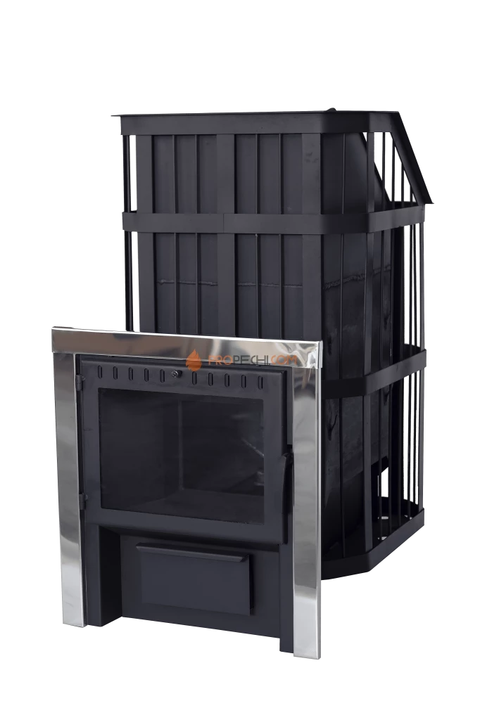 Банная печь Сибирь с закрытой каменкой, панорамное стекло