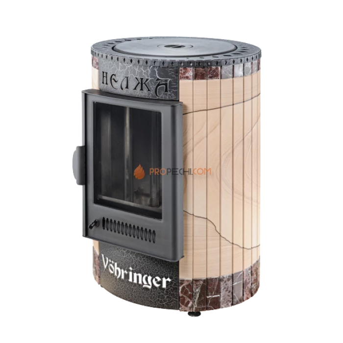 Отопительно-варочная печь Ферингер Нелжа - Окаменевшее дерево перенесённый рисунок + Россо Леванте