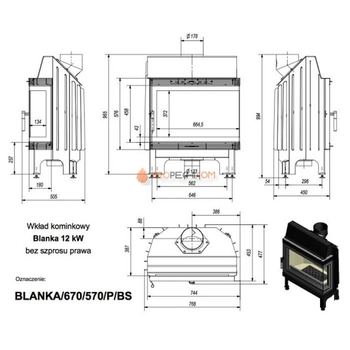 Каминная топка стальная Kratki Blanka 670/570/P/BS (угловое стекло справа) (12 кВт)