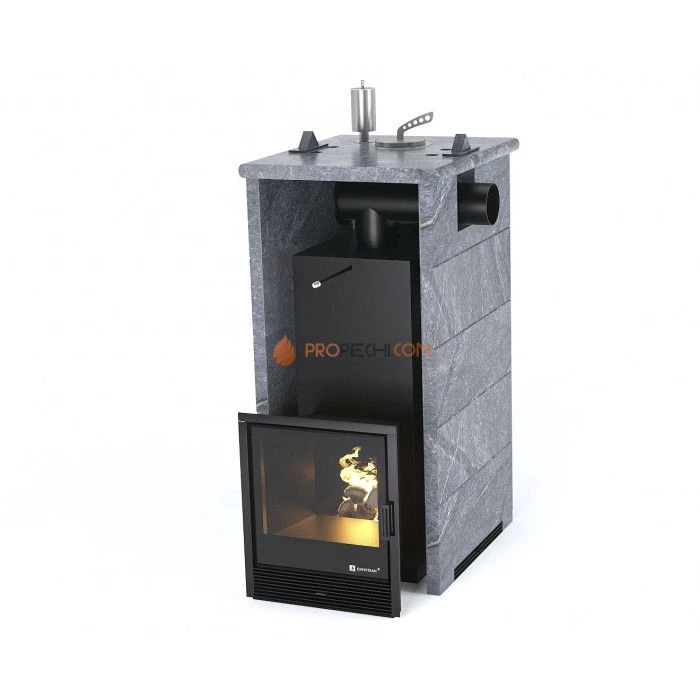 Дровяная печь для бани ИзиСтим Сочи в трехстороннем кожухе с боковым подключением из талькохлорита