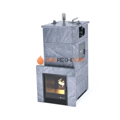 Дровяная печь для бани ИзиСтим Геленджик М2 в полноценном кожухе с боковым подключением из талькохлорита