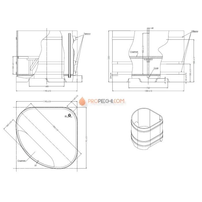 Купель BentWood угловая из мореной лиственницы 1,19х1,19 Рустик