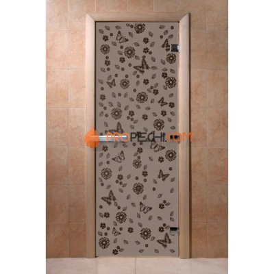 Дверь для бани DoorWood с рисунком Цветы и бабочки Черный жемчуг матовая, 2000x800 мм