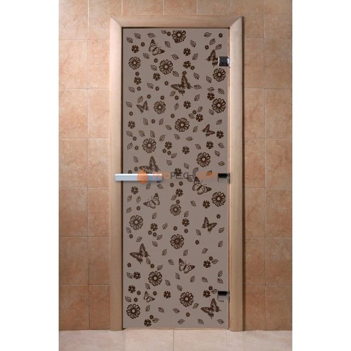 Дверь для бани DoorWood с рисунком Цветы и бабочки Черный жемчуг матовая, 2000x800 мм