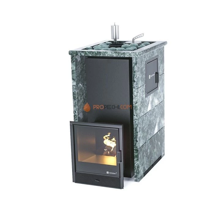 Дровяная печь для бани ИзиСтим Геленджик М2 в трехстороннем кожухе с открытым верхом из змеевика
