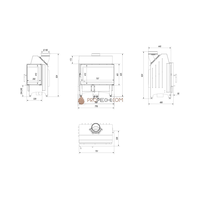 Каминная топка стальная Kratki Zibi/P/BS/DECO (угловое стекло справа) (11 кВт)