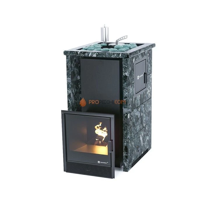 Дровяная печь для бани ИзиСтим Сочи М2 в трехстороннем кожухе с открытым верхом из пироксенита