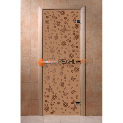 Дверь для бани DoorWood с рисунком Цветы и бабочки Бронза матовая, 1800x700 мм