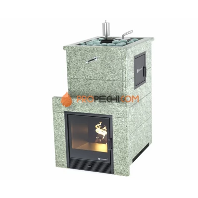 Дровяная печь для бани ИзиСтим Геленджик М2 в полноценном кожухе с открытым верхом из жадеита