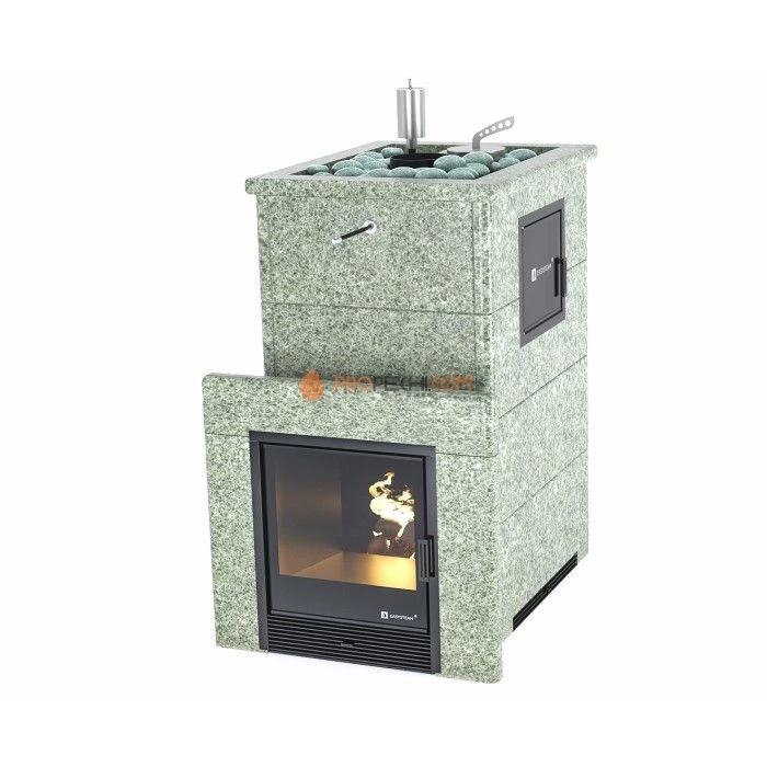 Дровяная печь для бани ИзиСтим Геленджик М2 в полноценном кожухе с открытым верхом из жадеита