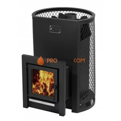 Дровяная печь для бани Вулкан Прометей 24 с сетчатым кожухом (тоннель, стекло)