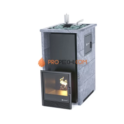 Дровяная печь для бани ИзиСтим Геленджик М2 в трехстороннем кожухе с открытым верхом из талькохлорита