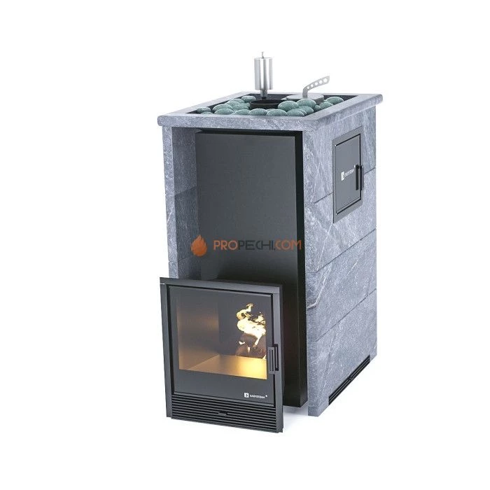 Дровяная печь для бани ИзиСтим Геленджик М2 в трехстороннем кожухе с открытым верхом из талькохлорита