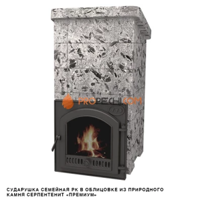 Чугунная печь для бани Инжкомцентр ВВД Сударушка Семейная РК (серпентинит Премиум) cо стальной окрашенной дверцей, без фасок, дымоход сбоку