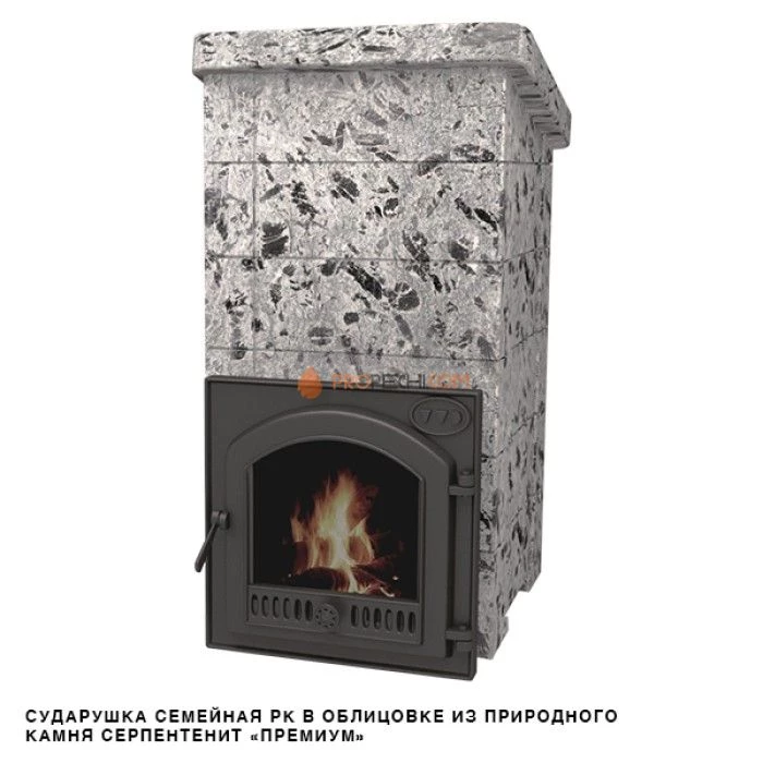 Чугунная печь для бани Инжкомцентр ВВД Сударушка Семейная РК (серпентинит Премиум) cо стальной окрашенной дверцей, без фасок, дымоход сбоку