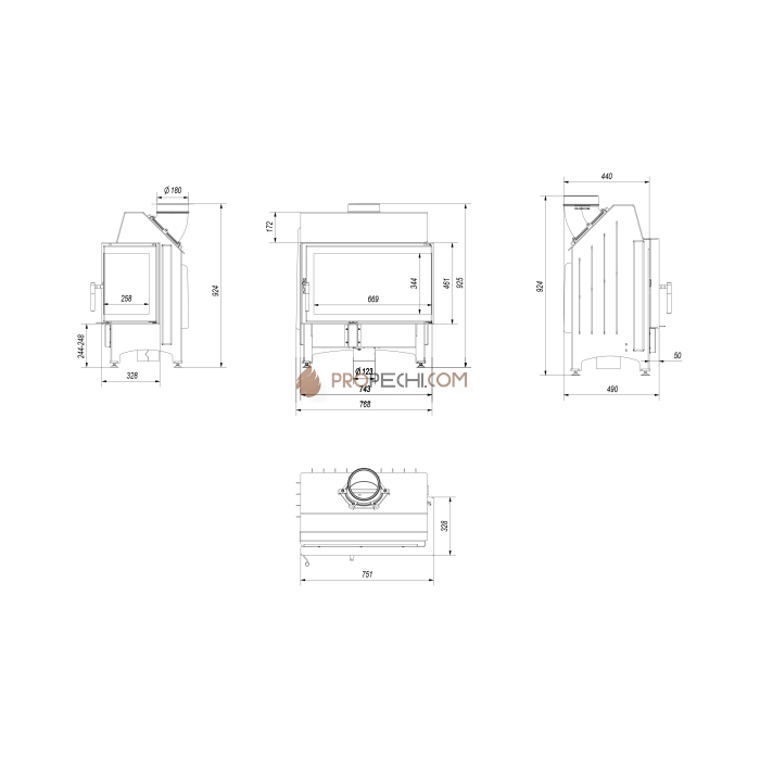 Каминная топка стальная Kratki Zibi/P/BS (угловое стекло справа) (11 кВт)