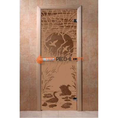 Дверь для бани DoorWood с рисунком Лебединое озеро Бронза матовая, 1900x600 мм