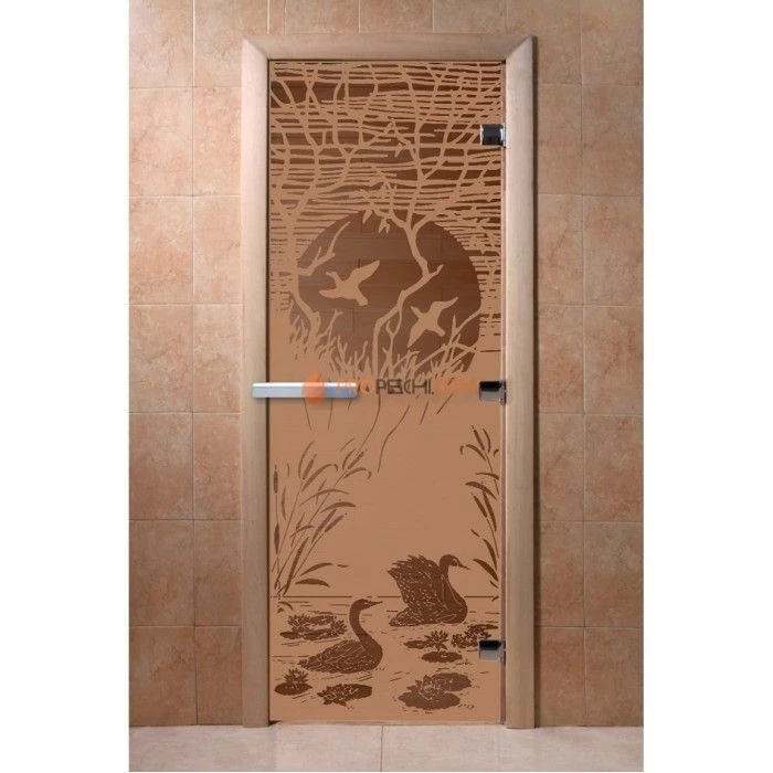 Дверь для бани DoorWood с рисунком Лебединое озеро Бронза матовая, 1900x600 мм