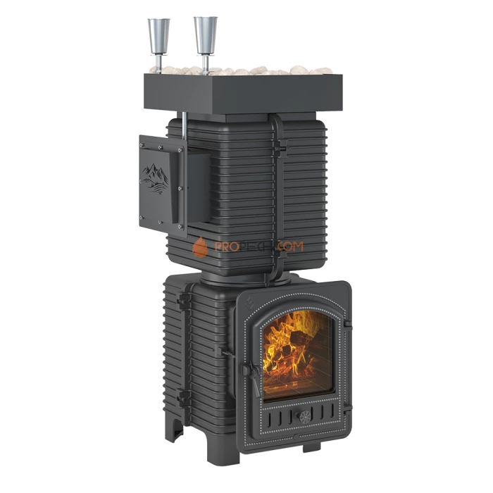 Чугунная печь для бани Эверест Легкий пар Профи под обкладку Б/В (закрытая каменка из нерж. стали)