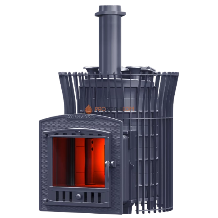 Чугунная печь для бани Гефест Авангард ЗК 30П2 Ураган в сетке Тюльпан