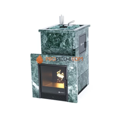Дровяная печь для бани ИзиСтим Сочи М2 в полноценном кожухе с открытым верхом из змеевика